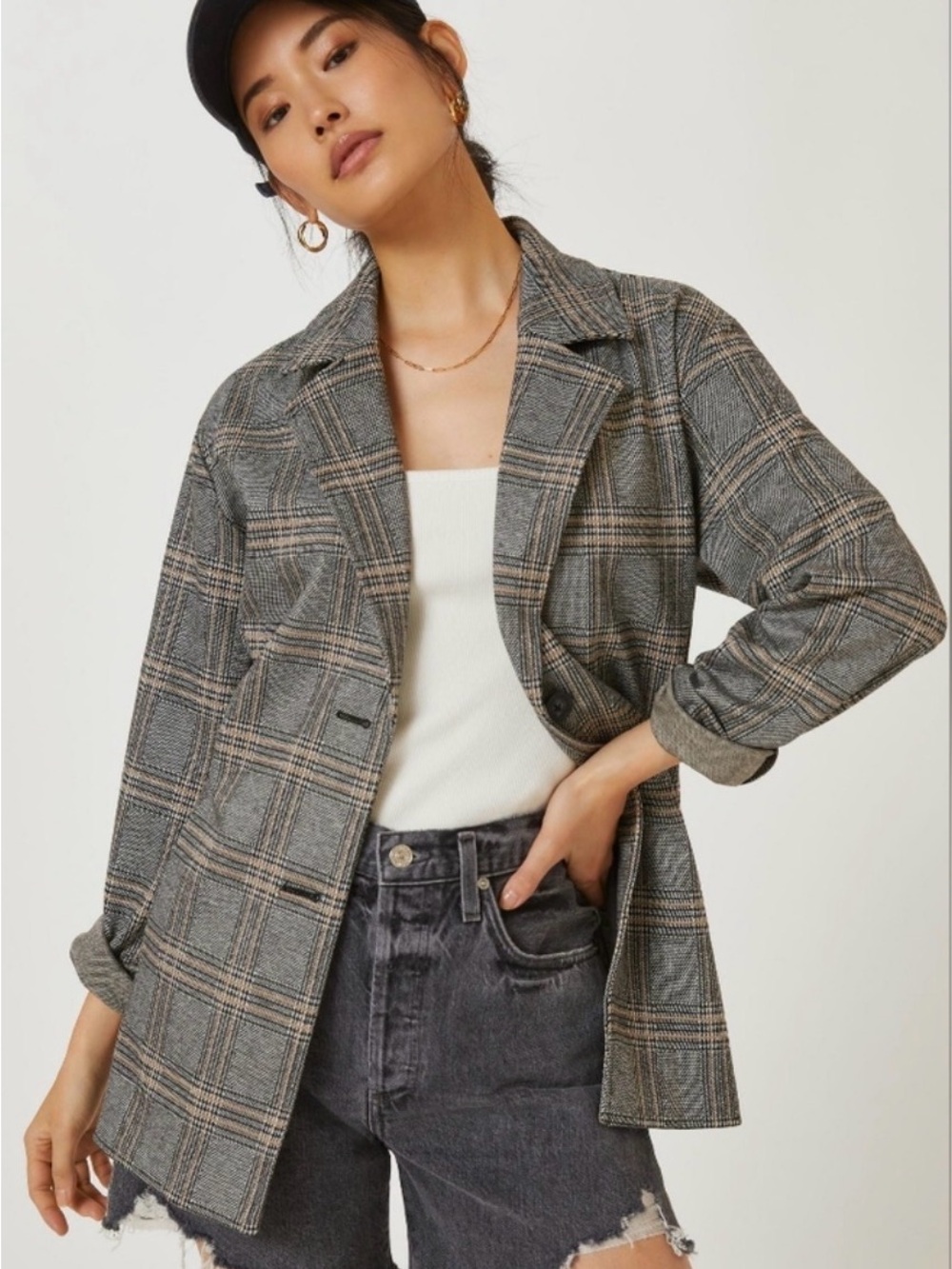 Avec Les Filles Gray Plaid Blazer with Tan Windowpane